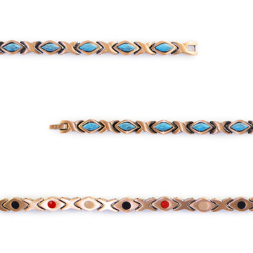 Close-up of Sierra copper bracelet links with turquoise to show detail.